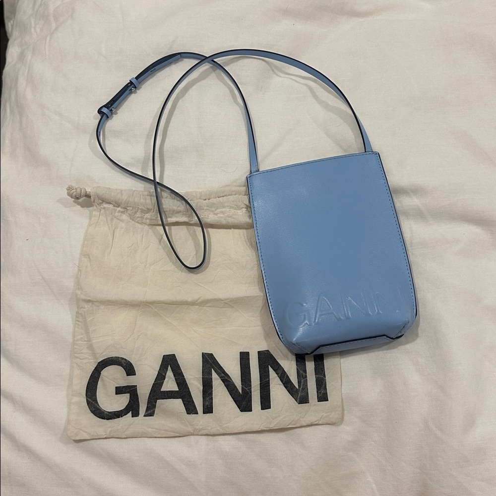 GANNI Recycled Leather Mini Crossbody in Blue.